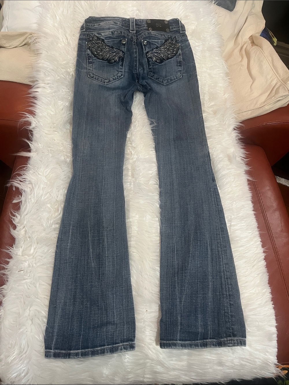 Miss Me Dark Blue Flare Jeans with Embroidered Wing Pockets